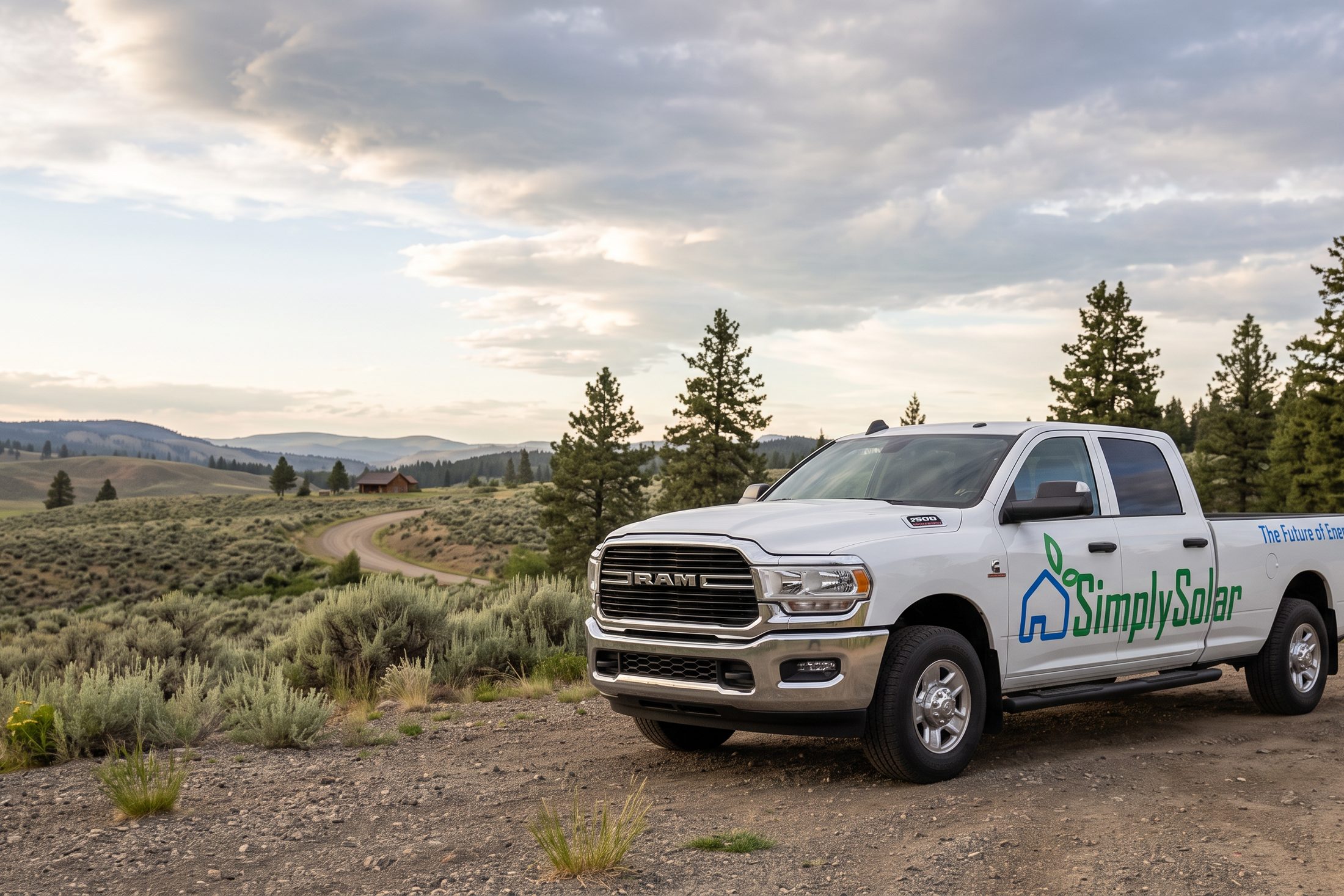A white Ram 2500 carrying Simply Solar vehicle graphics, parked on a gravel road in open Cariboo country.