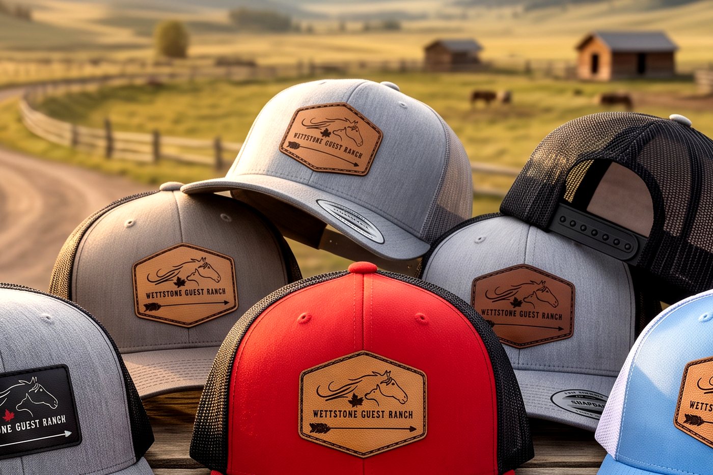 Wettstone Guest Ranch trucker caps with leather patch branding.