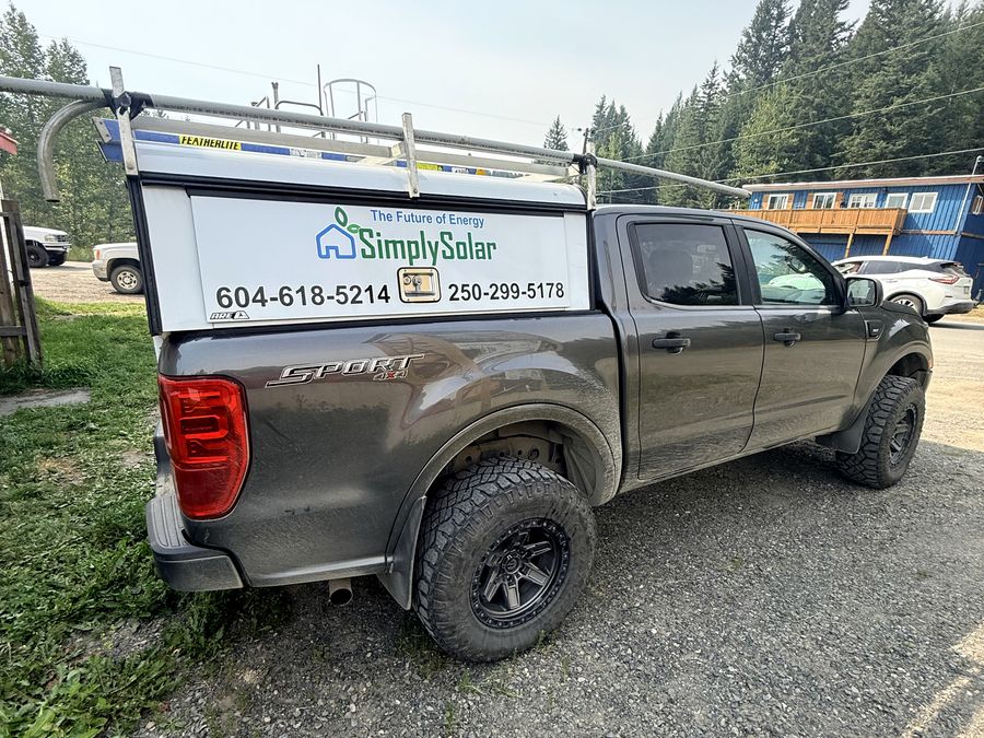 Truck canopy with printed graphics.
