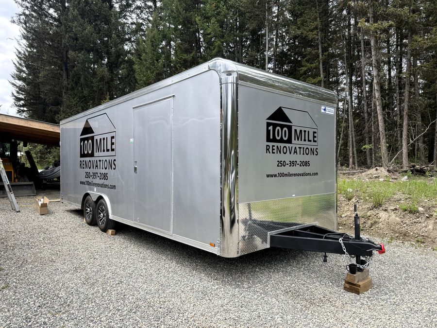 Enclosed trailer with cut vinyl graphics.
